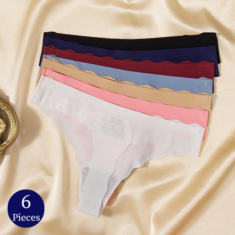 6 ชิ้น/เซ็ตกางเกงชั้นในสตรีแฟชั่นขอบหยัก Thongs ผ้าไหมซาตินชุดชั้นในไร้รอยต่อชุดชั้นในเซ็กซี่กีฬา Comfort G-Strings