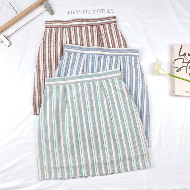 Frommeclothesกระโปรงทรงเอผ้าคอตตอนลินินลาย(XS-5XL)