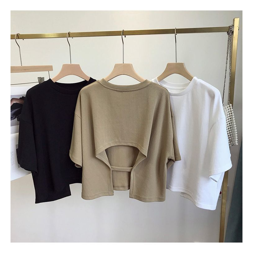 เสื้อครอปสีขาวแขนสั้นสไตล์เกาหลี⚛️oversize⚛️เสื้อผ้าแฟชั่นวัยรุ่นน่ารัก⚛️เสื้อยืดเปลือยหลังสีพื้นผู้หญิงฤดูร้อนใหม่XXL