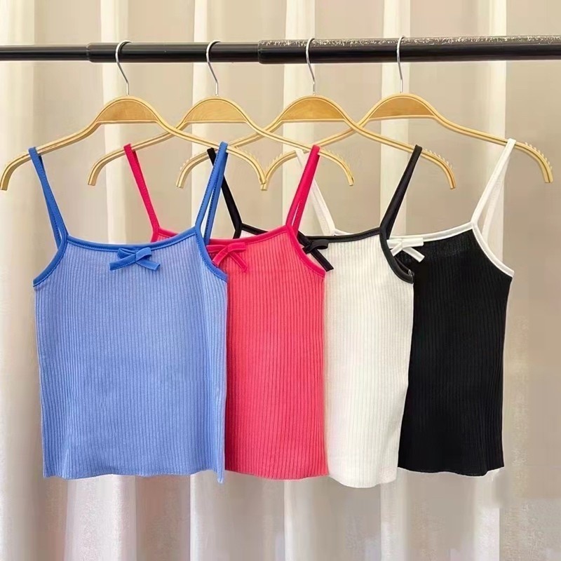Ost Tanktop ผู้หญิงถัก Bra ริบบิ้น Tanktop 6825 รูปแบบสายรัด Bowknot Croptop ผู้หญิงแขนสั้นล่าสุดเกาหลีแฟชั่น Tops