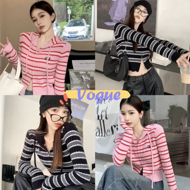 Vogueพร้อมส่ง เสื้อถัดไหมพรมแขนยาว ดีเทลมีฮู้ด ซิปรูดด้านหน้า ลายทาง (M5328) -C
