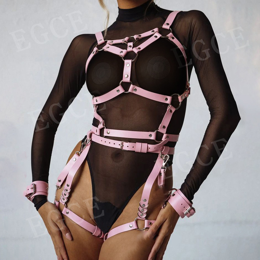 YBdsm Pu หนังสายรัดผู้หญิงชุดชุดชั้นในเซ็กซี่เต็มรูปแบบ Bondage ถุงน่อง Garter Belt Goth ผู้หญิงสีชมพูชุดชั้นในดาบเข็มขั