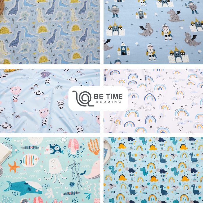 Betime ผ้าคอตตอนลายการ์ตูน สีฟ้า-มิ้นท์ หน้ากว้าง 1.6 เมตร